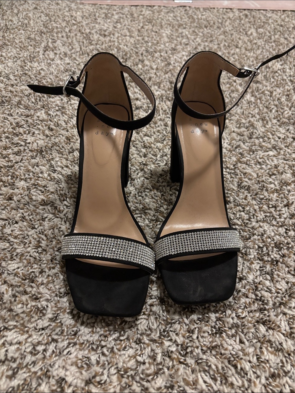 Black Ankle-Strap Block Heel Sandals with Rhinestone Strap 7 1/2
